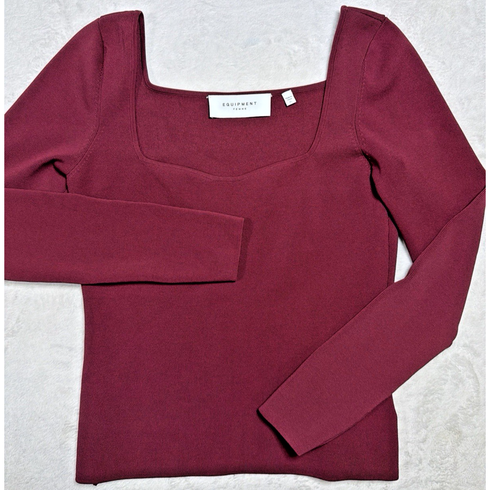 Equipment Femme Square Neck Ribbed Knit Top Xl Burgundy Maroon Long Sleeve
